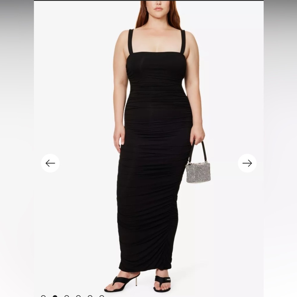 Good American Ruched square-neck stretch-rayon maxi dress Lg & Medium in black‎